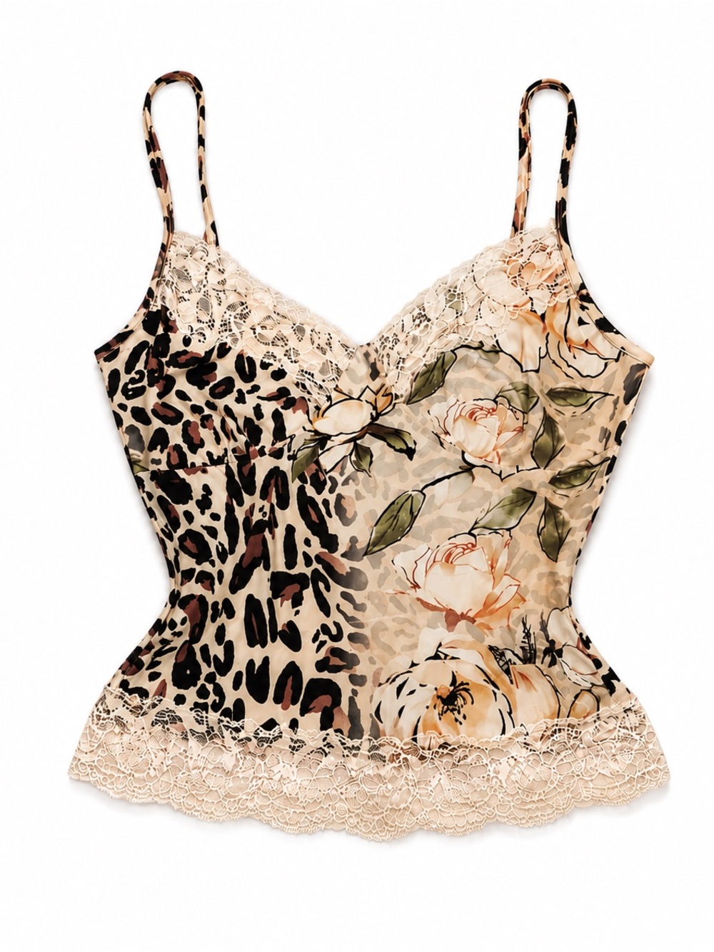 Floral & Leopard Lace Trim Cami Tank Top - Beige